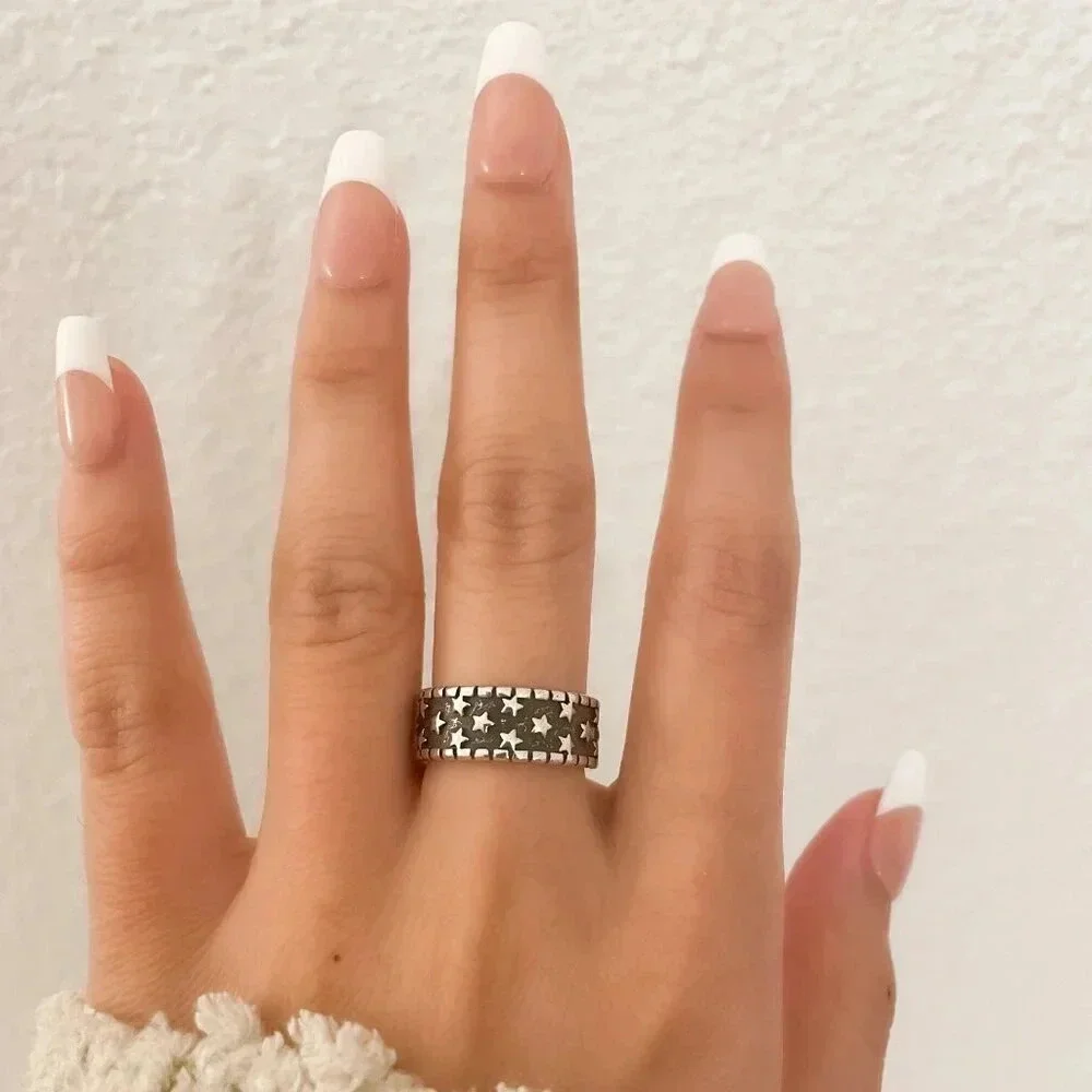 925 Sterling Silver Star Ring Band Black & Silver Star Ring Celestial Ring